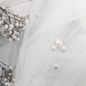 Hidden Mouse, Pearl Veil, Ivory Color Fabric, Ivory Pear Veil - Scattered Pearls, Silver Color Bridal Comb