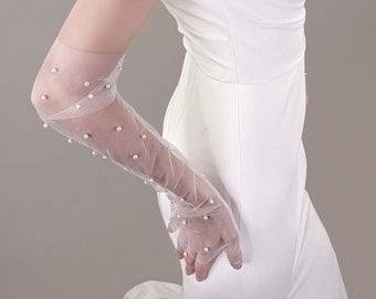 Braut Perlen Handschuhe: Elfenbein Tüll Fingerlose Hochzeitshandschuhe