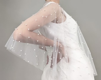 Bridal Capelet With Pearls, Ivory Color Soft Tulle - Removable Wedding Cape