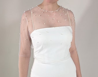 Bridal Top With Irregular Pearls - Soft Ivory Tulle, Condensed Pearls At The Top, Long Sleeve Bridal Topper With Back Closure