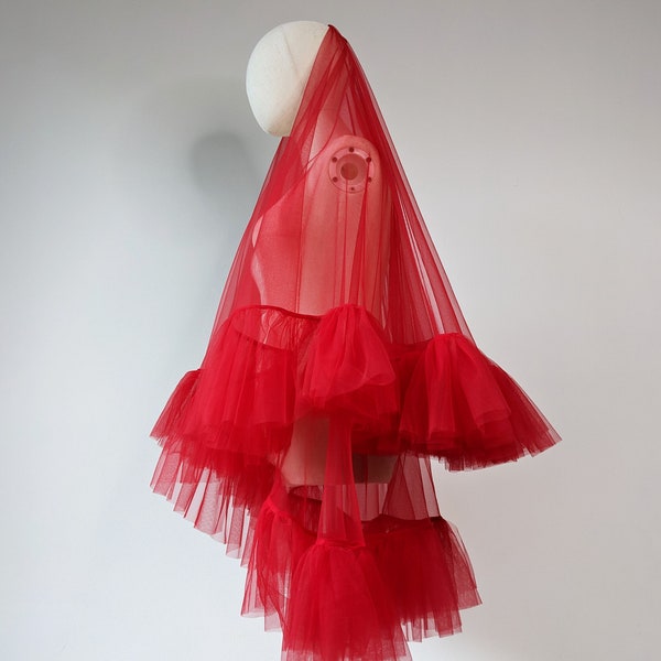 Red Rose Ruffle Veil, Bright Red Tulle With Frill Edge, Scarlet Ruffle Edge - With Bridal Hair Comb