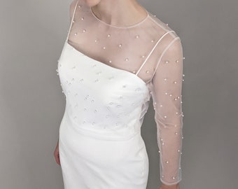 Ivory Tulle Bridal Topper: Long Sleeve Pearl Wedding Top