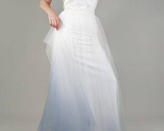 Ombre Blue Wedding Overskirt - Ivory Soft Tulle, Dusty Blue Dip Dye - Detachable Wedding Skirt