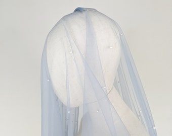 Blue Pearl Wedding Veil, Dusty Blue Tulle With White Pearls, Something Blue - With Bridal Hair Comb