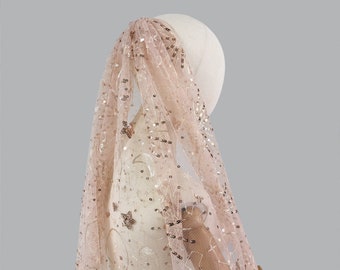Celestial Rose Gold Wedding Veil - Star And Moon Bridal Veil, Blush Gold Color Soft Tulle Embroidered With Star Motifs , Single Tier Veil