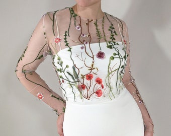 Bridal Wildflower Top - Floral Lace Topper, Long Sleeve Bridal Cover Up With Back Closure