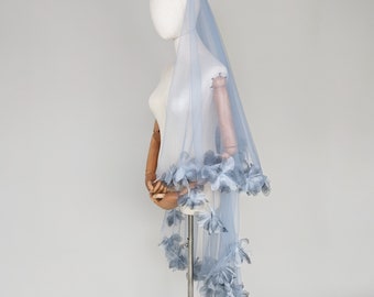 Blue Fluff Flower Veil, Dusty Blue Tulle With Gray Blue Organza Flowers, Something Blue - With Bridal Hair Comb