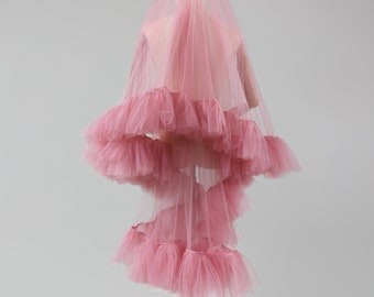 Pink Rose Blush Ruffle Veil, Dusty Rose Tulle With Frill Edge, Pink Ruffle Edge - With Bridal Hair Comb