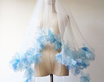 Ivory Sky Blue Fluff Flower Veil, Ivory Tulle With Brigth Blue Organza Flowers, Something Blue - With Bridal Hair Comb