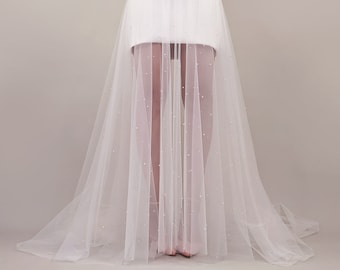 Wedding Pearl Overskirt - Bridal Skirt, Ivory Soft Tulle, Ivory Color Scattered Pearls - Detachable Wedding Skirt