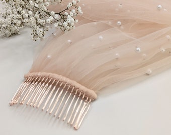 Blush Pink Pearl Wedding Veil, Blush Color Fabric, White Pear Veil - Scattered Pearls, Rose Gold Color Bridal Comb