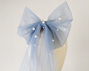 Blue Bridal Tulle Bow with Pearls, Scattered Pearl Hair Bow - Alternative Wedding Veil, With Bridal Hair Comb, Something Blue