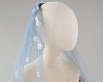 Blue 3D Flower Wedding Veil, Dusty Blue Color Fabric, White Pearl Flower Veil - Silver Color Bridal Comb