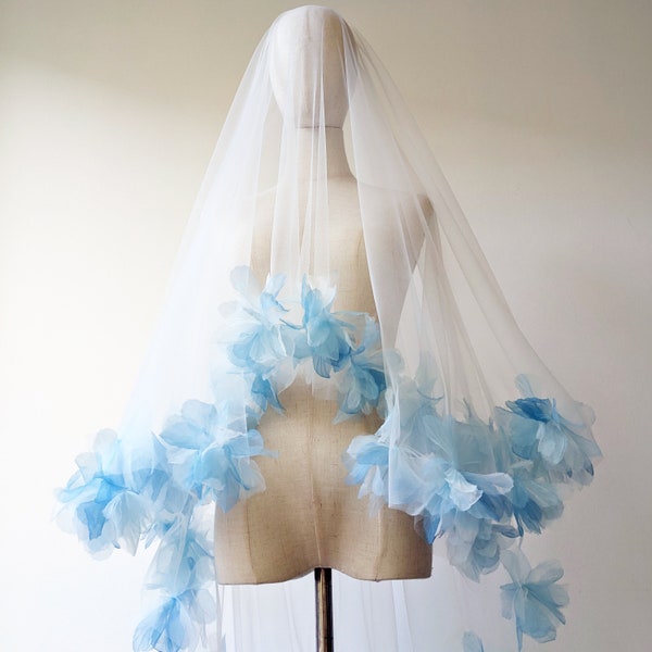 Ivory Sky Blue Fluff Flower Veil, Ivory Tulle With Brigth Blue Organza Flowers, Something Blue - With Bridal Hair Comb