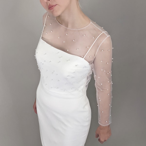 Bridal Top With Pearls - Soft Ivory Tulle, Long Sleeve Bridal Topper With Back Closure