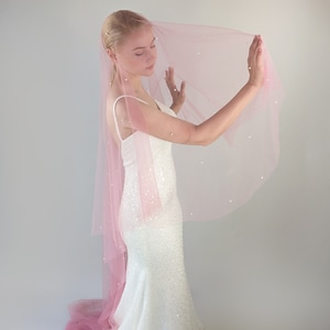 Dusty Pink Wedding Veil With Pearls, Dusty Pink Rose Tulle With White Regular Pearls, With Rose Gold Bridal Hair Comb