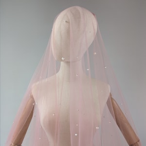 Blush Pink Wedding Veil With Pearls, Dusty Pink Blush Tulle With White Irregular Pearls, With Rose Gold Bridal Hair Comb