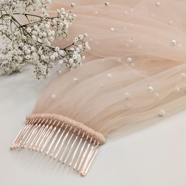 Blush Pink Pearl Wedding Veil, Blush Color Fabric, White Pear Veil - Scattered Pearls, Rose Gold Color Bridal Comb