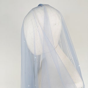 Blue Pearl Wedding Veil, Dusty Blue Tulle With White Pearls, Something Blue - With Bridal Hair Comb