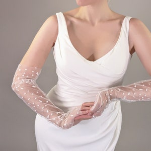 Polka Dot Bridal Gloves - Fingerless Spotted Wedding Gloves - Soft Ivory Tulle With Spot Embroidery