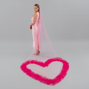 Ruffle Heart Veil, Rose Pink Wedding Veil with Hot Pink Heart - Rose Gold Hair Comb, Frill Veil