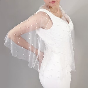 Pearl Capelet - Pure White Scattered Pearls, White Color Soft Tulle - Removable Wedding Cape