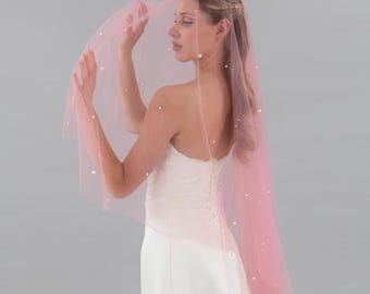 Velo da sposa rosa antico: pettine oro rosa, perle bianche