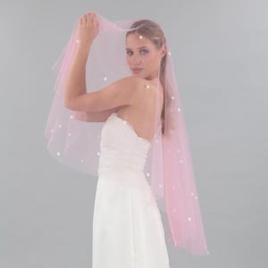 Rose Pink Wedding Veil With Mini Flowers, Rose Tulle With White Flowers and Pearls, Blusher Veil - With Bridal Rose Gold Hair Comb