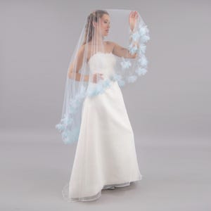 Baby Blue Fluff Flower Veil, Light Blue Tulle With Baby Blue Organza Flowers, Something Blue - With Bridal Hair Comb
