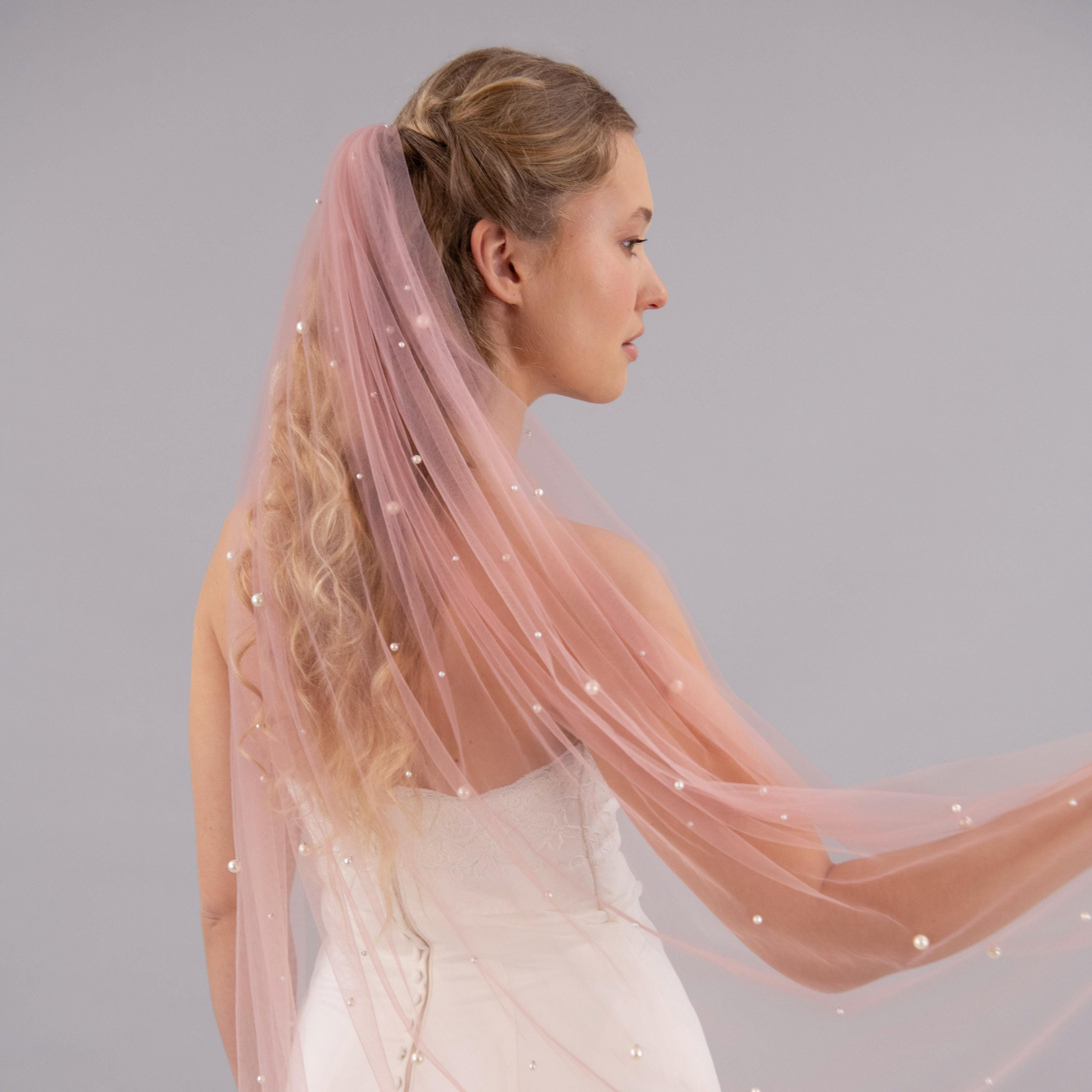 Blush Pink Wedding Veil: Rose Gold Comb, Scattered Pearls - Etsy