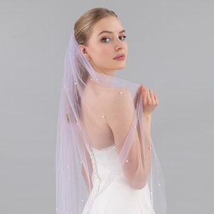 Lavender Pearl Wedding Veil: Pastel Purple Tulle, Gold Comb