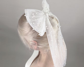 Snow White Color Bridal Bow With Pearls - Soft white Tulle, Bridal Hair Comb