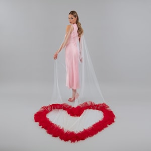 Ruffle Heart Cape Veil, Ivory Cape with Red Heart - Removable Wedding Cape Veil