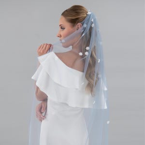 Blue Floral Wedding Veil, Dusty Blue Color Fabric, White Pearl 3D Flower Veil - Silver Color Bridal Comb