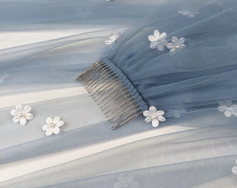 Blue Floral Wedding Veil, Dusty Blue Color Fabric, White Pearl 3D Flower Veil - Silver Color Bridal Comb