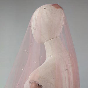 Blush Pink Pearl Blusher Wedding Veil, Pastel Rose Blush Tulle With Ivory Pearls, Blush Wedding - With Rose Gold Bridal Hair Comb