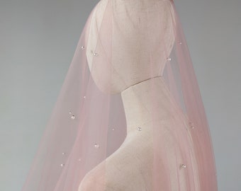 Blush Pink Pearl Blusher Wedding Veil, Pastel Rose Blush Tulle With Ivory Pearls, Blush Wedding - With Rose Gold Bridal Hair Comb