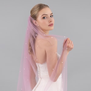 Lilac Pearl Wedding Veil: Pastel Purple Tulle, Gold Comb