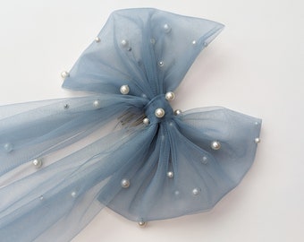 Dusty Blue Bridal Tulle Bow with Pearls, Scattered Pearl Hair Bow - Alternative Wedding Veil, With Bridal Hair Comb, Something Blue
