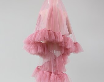 Pink Rose Blush Ruffle Veil, Dusty Rose Tulle With Frill Edge, Pink Ruffle Edge - With Bridal Hair Comb