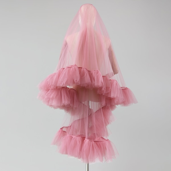 Pink Rose Blush Ruffle Veil, Dusty Rose Tulle With Frill Edge, Pink Ruffle Edge - With Bridal Hair Comb