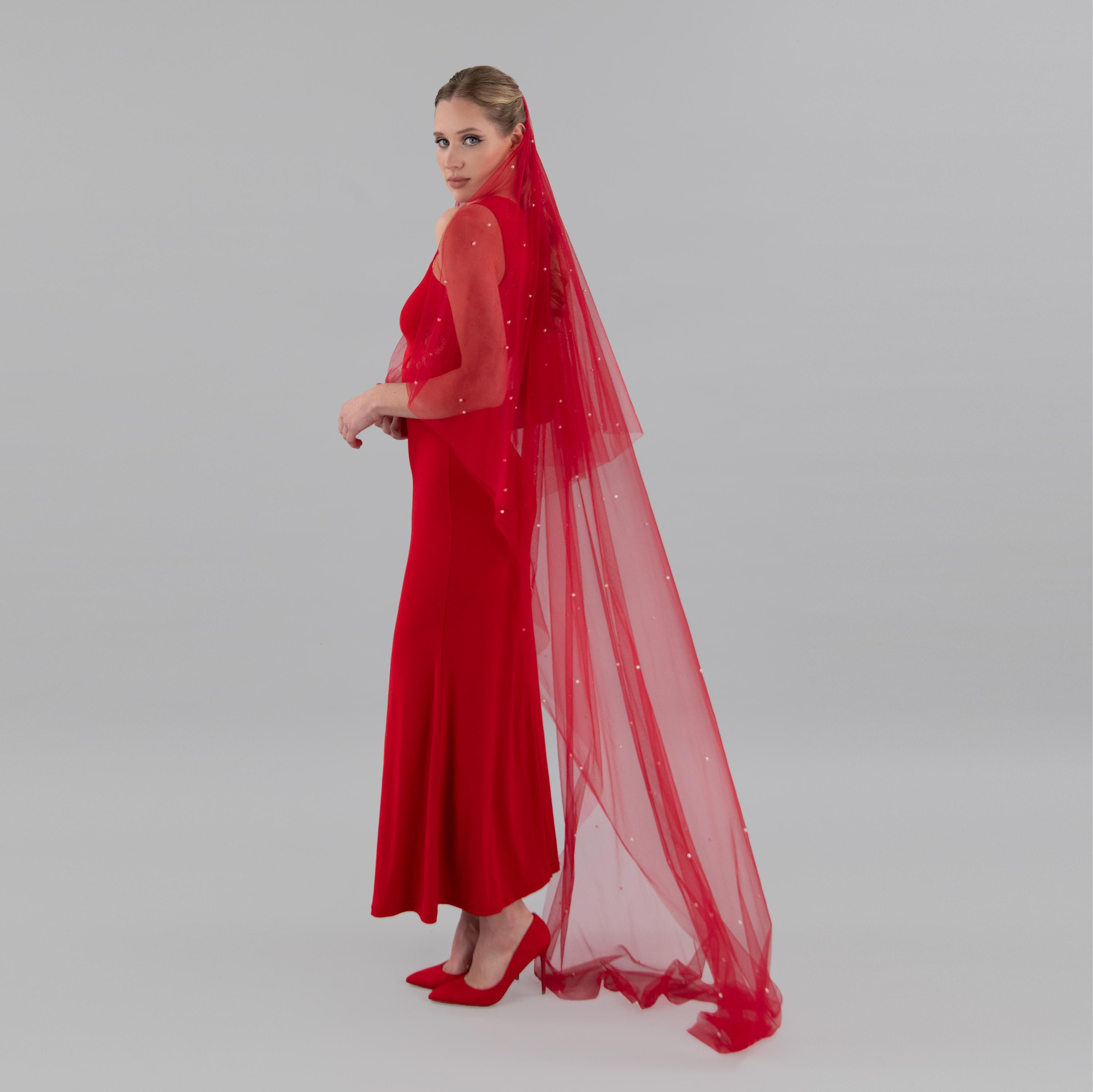 Red Tulle Wedding Veil: White Pearls, Gold Comb, Blusher Veil