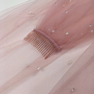 Blush Rose Wedding Veil With Pearls, Blush Pink Color Fabric, White Pearl Veil - Scattered Pearls, Rose Gold Color Bridal Comb