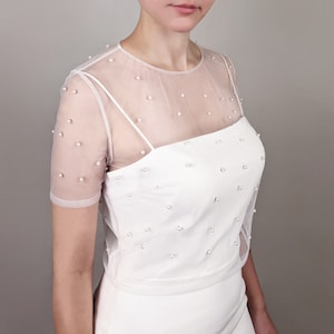 Pearl Tulle Bridal Topper - Short Sleeve Wedding Dress Top, Ivory Color Soft Tulle Cover Up
