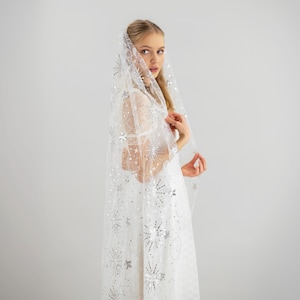 Celestial Silver Wedding Veil - Star And Moon Bridal Veil, Ivory Color Soft Tulle Embroidered With Star Motifs , Single Tier Veil