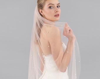 Blush Pink Pearl Wedding Veil, Blush Color Fabric, White Pear Veil - Scattered Pearls, Rose Gold Color Bridal Comb