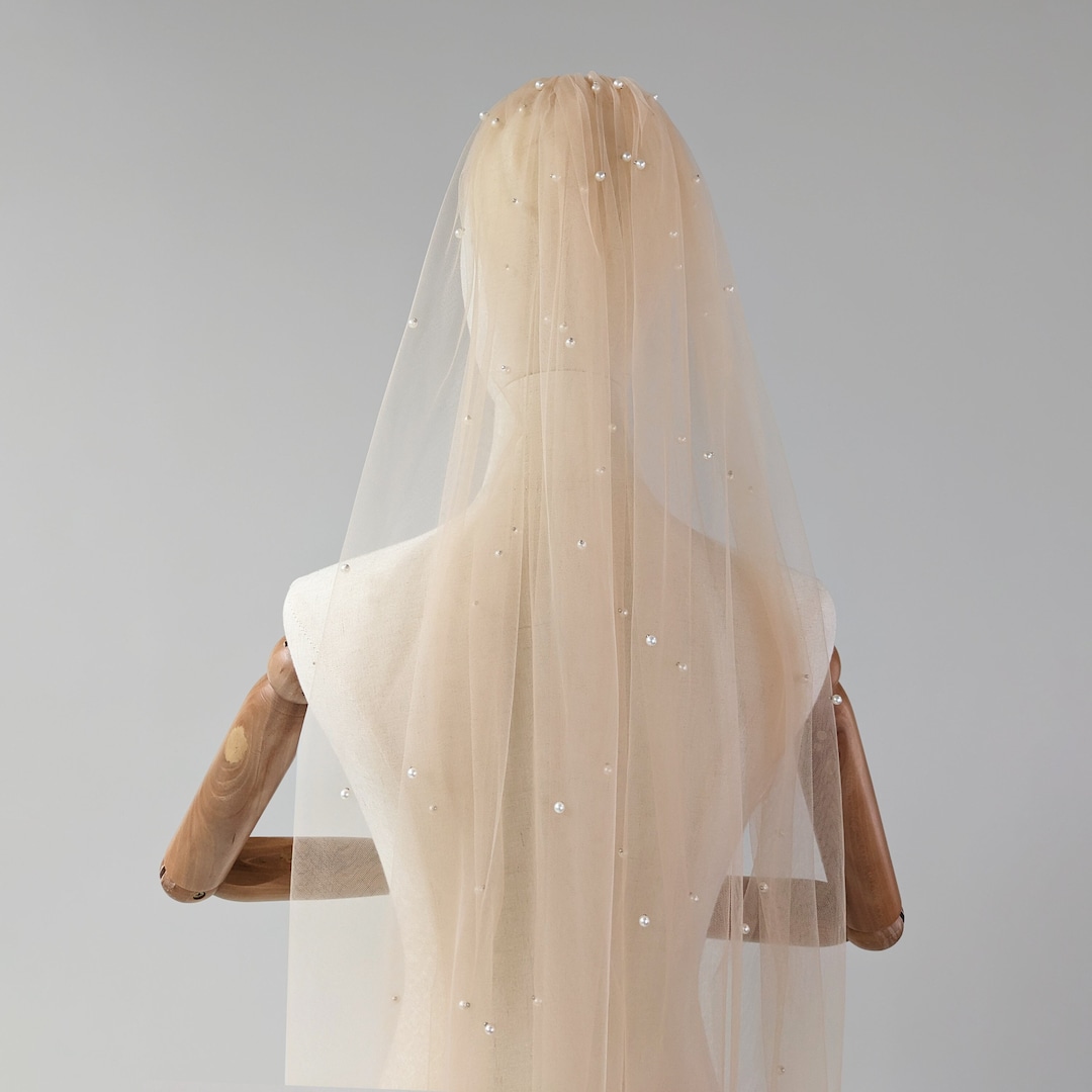 Dark Champagne Blush Wedding Veil With Pearls, Warm Blush Color Fabric, White Pearl Veil
