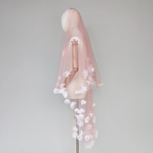 Pink Rose Flower Veil, Warm Rose Pink Tulle With White  Organza Flowers - With Bridal Hair Comb