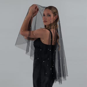 Black Wedding Veil With Pearls, Deep Black Tulle With White Regular Pearls, With Black Bridal Hair Comb