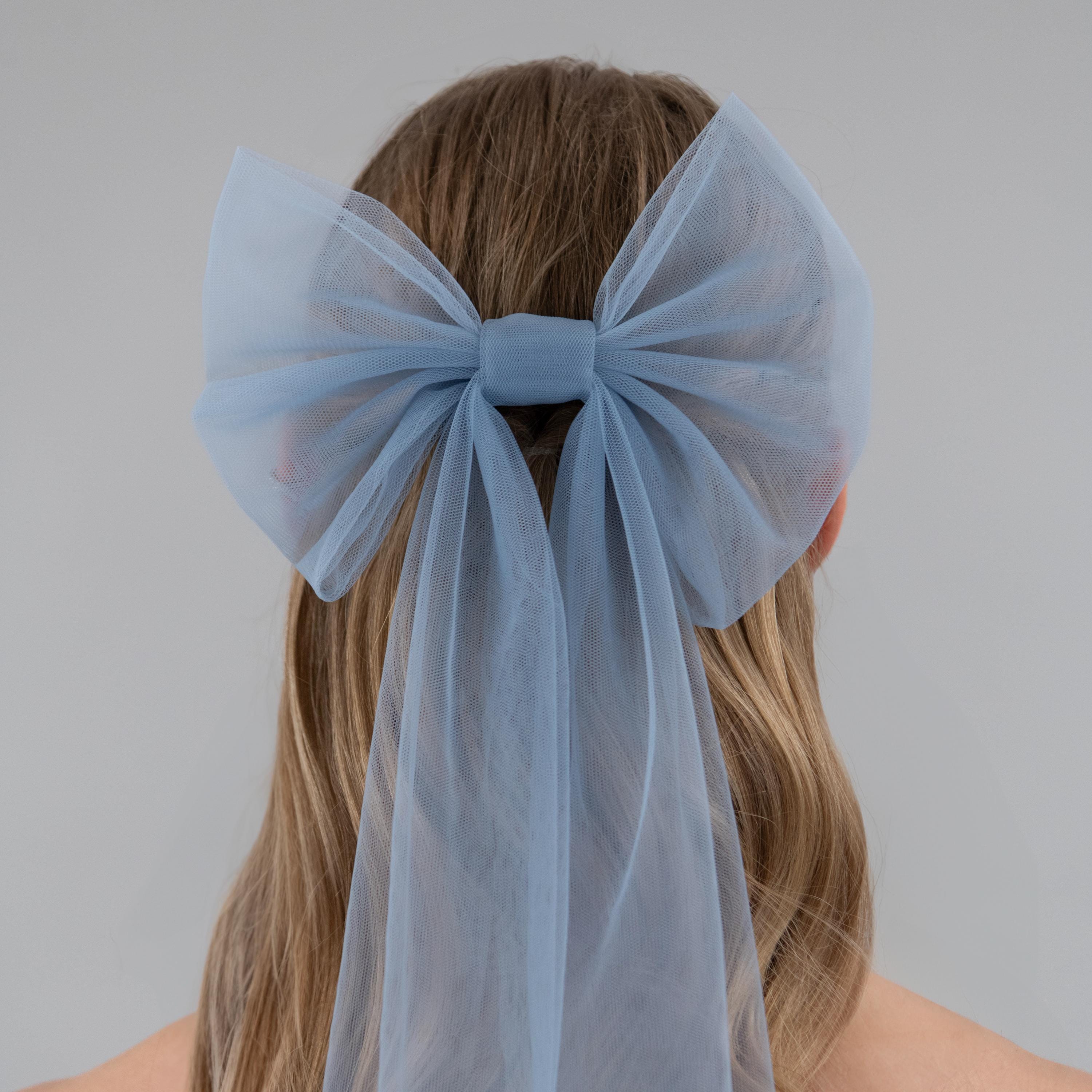 Dusty Blue Bridal Tulle Bow,  Wedding Hair Bow - Alternative Wedding Veil, With Bridal Hair Comb, Something Blue